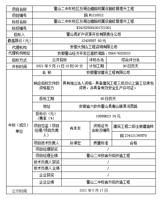 皖N1210012 霍山二中東校區(qū)及周邊道路附屬設施修復提升工程中標結(jié)果公示