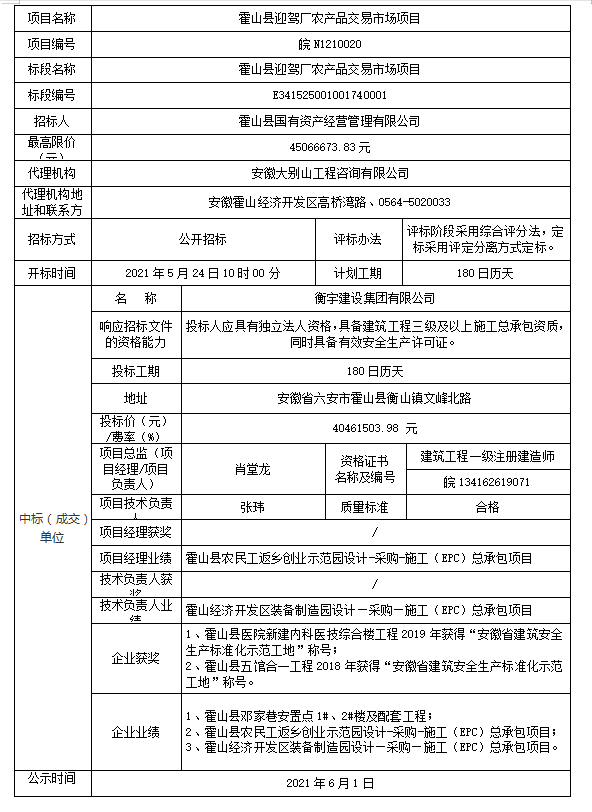 皖N1210020 霍山縣迎駕廠農(nóng)產(chǎn)品交易市場項(xiàng)目中標(biāo)結(jié)果公示