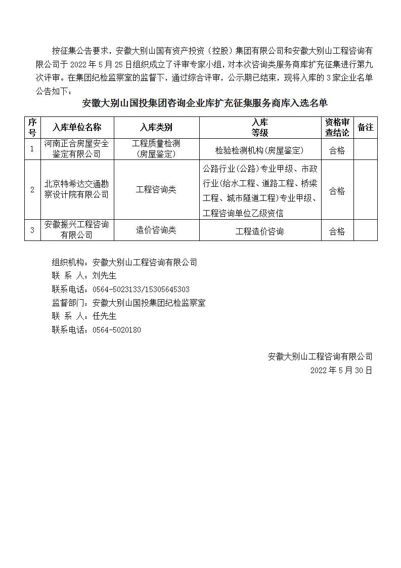 DBSCG-2021-091安徽大別山國投集團咨詢企業(yè)庫擴充征集服務(wù)商庫入選名單公告（九）