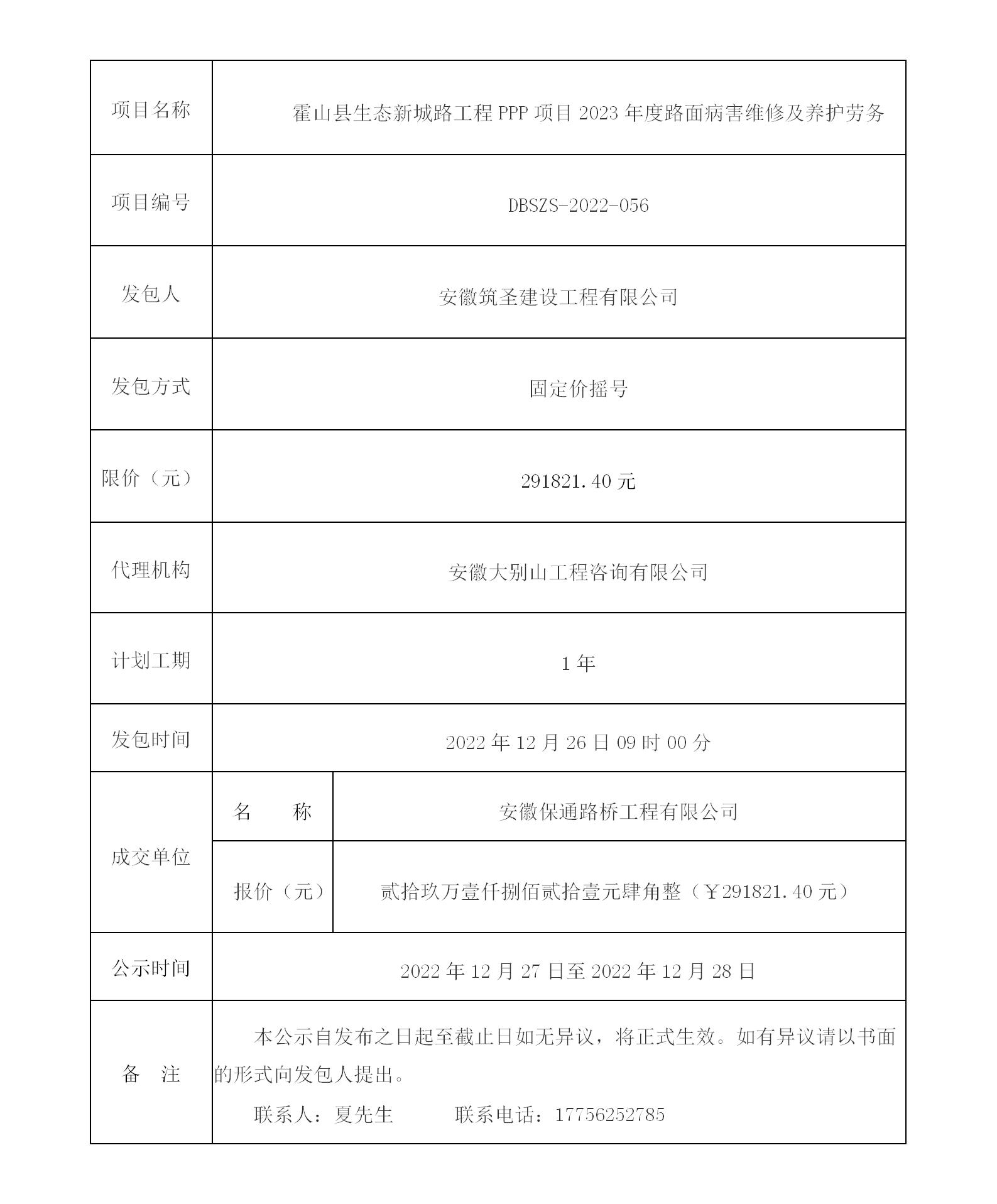 DBSZS-2022-056 霍山縣生態(tài)新城路工程PPP項目2023年度路面病害維修及養(yǎng)護勞務(wù)成交公示