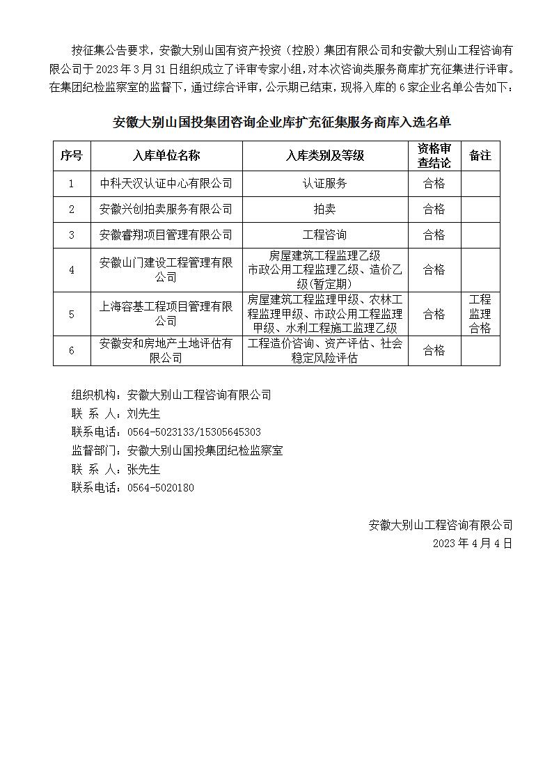 DBSCG-2021-091 安徽大別山國(guó)投集團(tuán)咨詢(xún)企業(yè)庫(kù)擴(kuò)充征集服務(wù)商庫(kù)入選名單公告（十四）