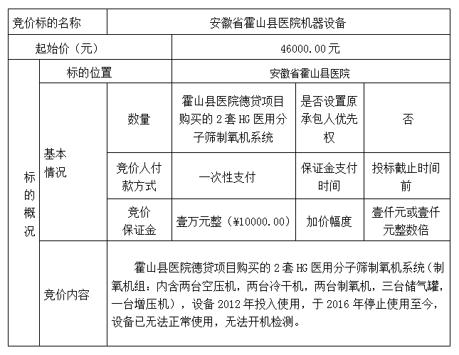 DBSXS-2024-001 安徽省霍山縣醫(yī)院機(jī)器設(shè)備競價(jià)銷售公告